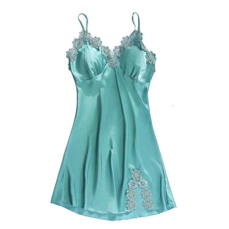 image-Ice silk pajamas women summer thin section sexy lace suspenders nightdress nightgown five-piece long-sleeved home service with chest pad