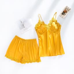 image-Ice silk pajamas women summer thin section sexy lace suspenders nightdress nightgown five-piece long-sleeved home service with chest pad