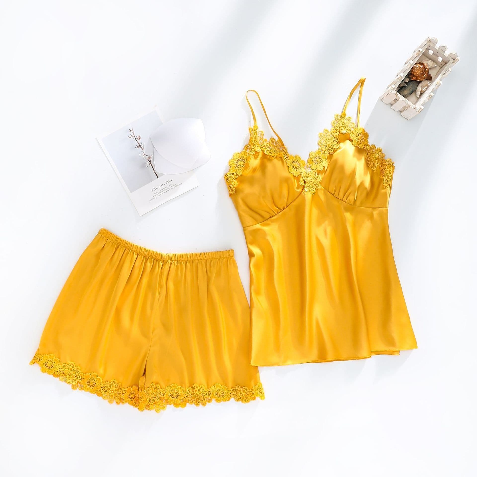 image-Ice silk pajamas women summer thin section sexy lace suspenders nightdress nightgown five-piece long-sleeved home service with chest pad