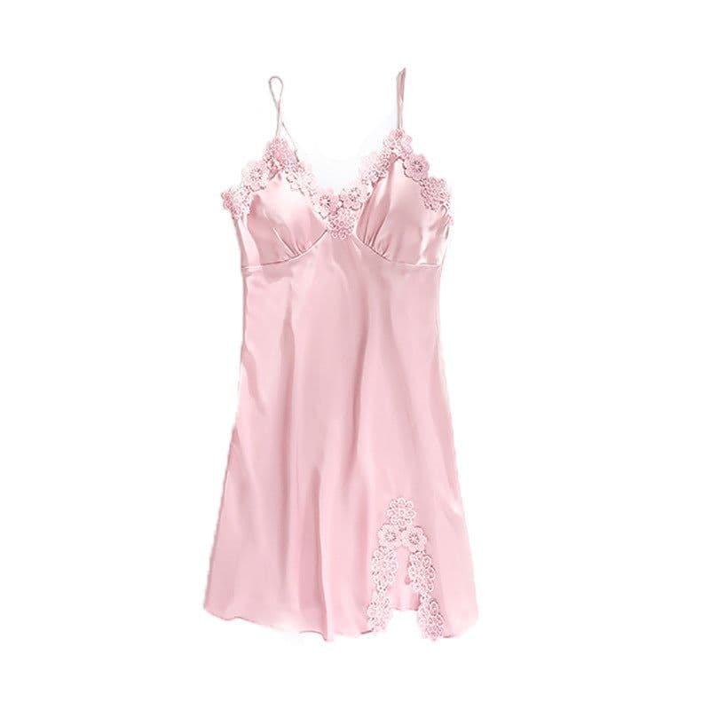 image-Ice silk pajamas women summer thin section sexy lace suspenders nightdress nightgown five-piece long-sleeved home service with chest pad