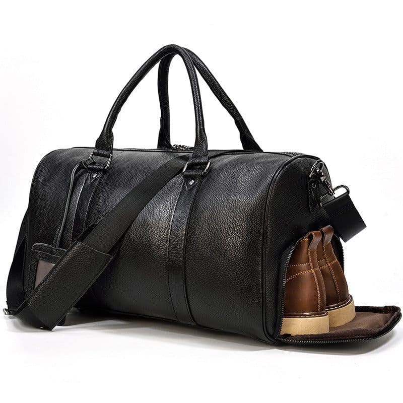 image-European and American men's leather travel bag lychee pattern retro handbag large-capacity one-shoulder messenger with shoe position luggage bag