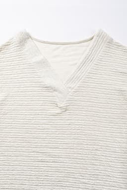 image-Khaki Textured Wide Sleeve V Neck T Shirt