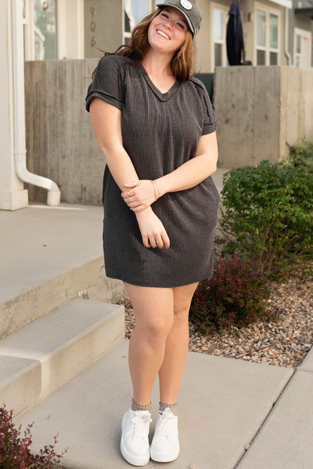 image-Carbon Grey Corded V Neck Plus Size T Shirt Dress