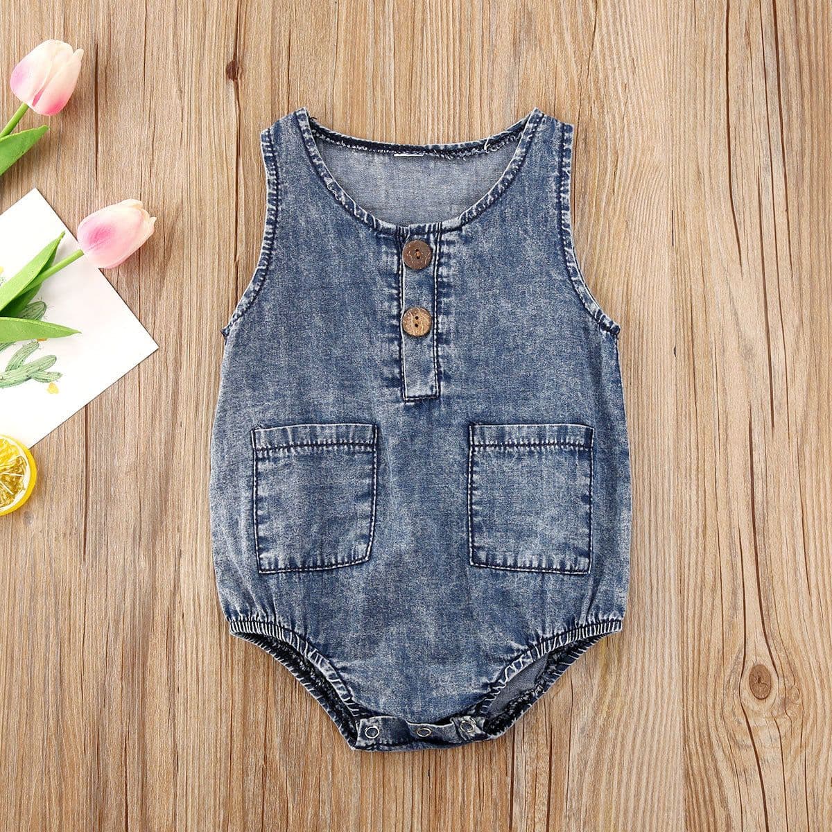 image-Foreign trade amazon hot models baby boy baby summer sleeveless triangle romper romper solid color denim jumpsuit