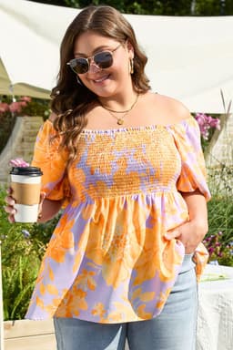 image-Plus Size Purple Floral Babydoll Blouse - Puff Sleeves, Smocked Detail