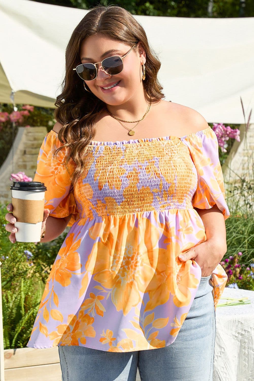image-Plus Size Purple Floral Babydoll Blouse - Puff Sleeves, Smocked Detail
