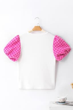 image-White Contrast Tweed Puff Sleeve Top