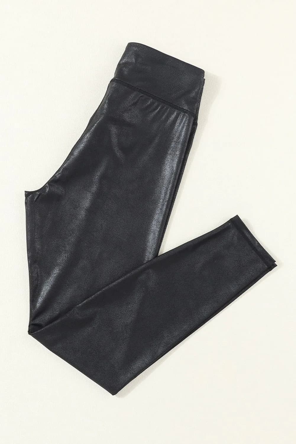 image-Sleek Leather Dip Waist Leggings - Black, Sizes S-XL
