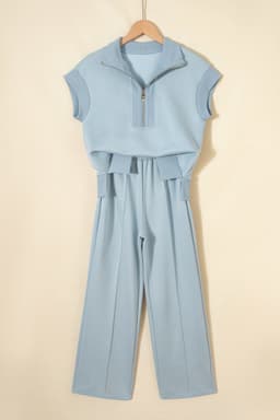 image-Light Grey Half Zip Polo Tee Casual Pant Set
