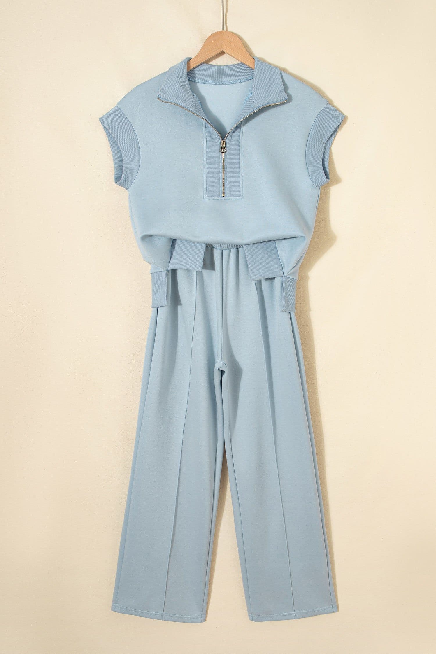 image-Light Grey Half Zip Polo Tee Casual Pant Set