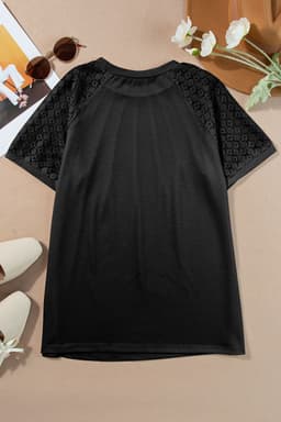 image-Khaki Contrast Lace Raglan Sleeve Tee - Casual Short Sleeve Top