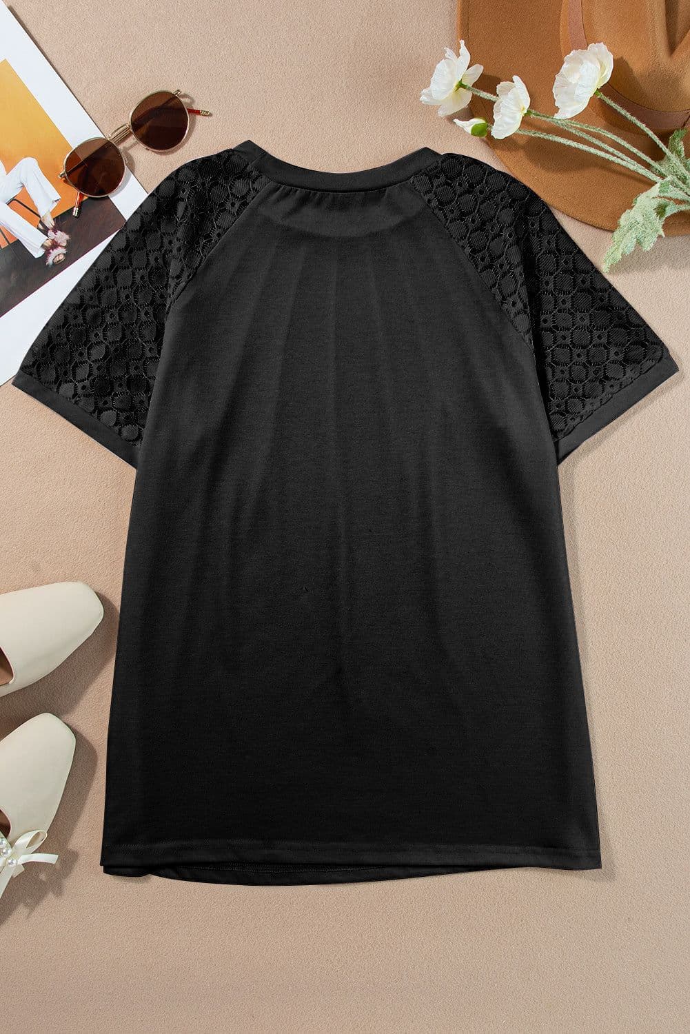 image-Khaki Contrast Lace Raglan Sleeve Tee - Casual Short Sleeve Top