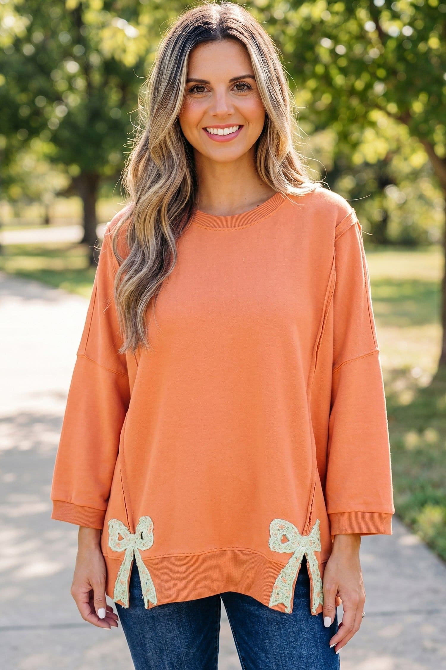image-Fiery Red Floral Bow Patched Baggy Sweatshirt