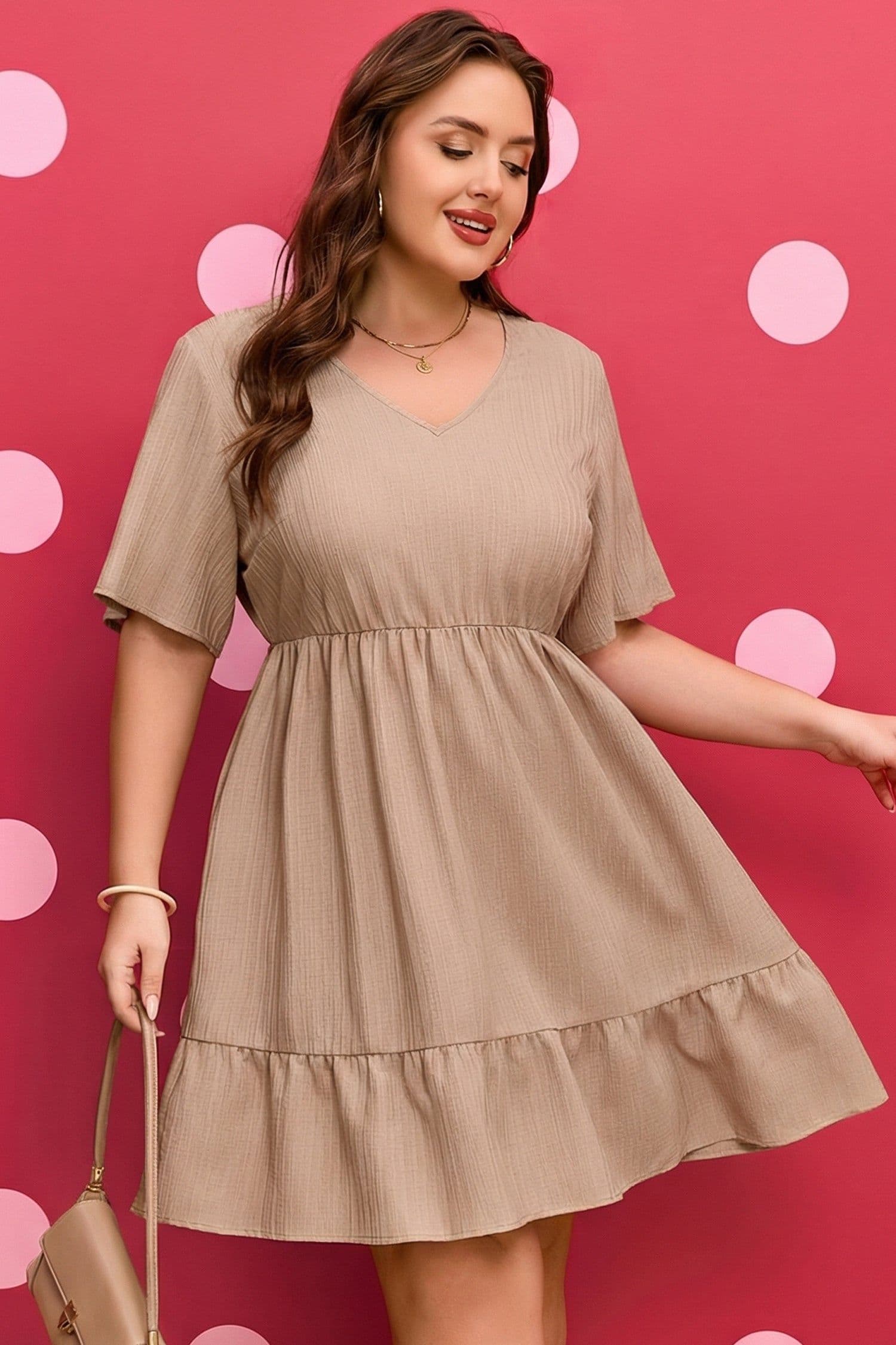 image-Dark Khaki Plus Size Textured Ruffled Short Sleeve Dress
