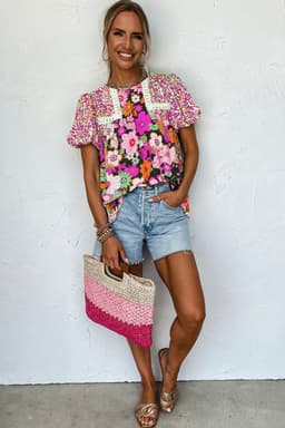 image-Green Bubble Sleeve Lace Trim Floral Blouse