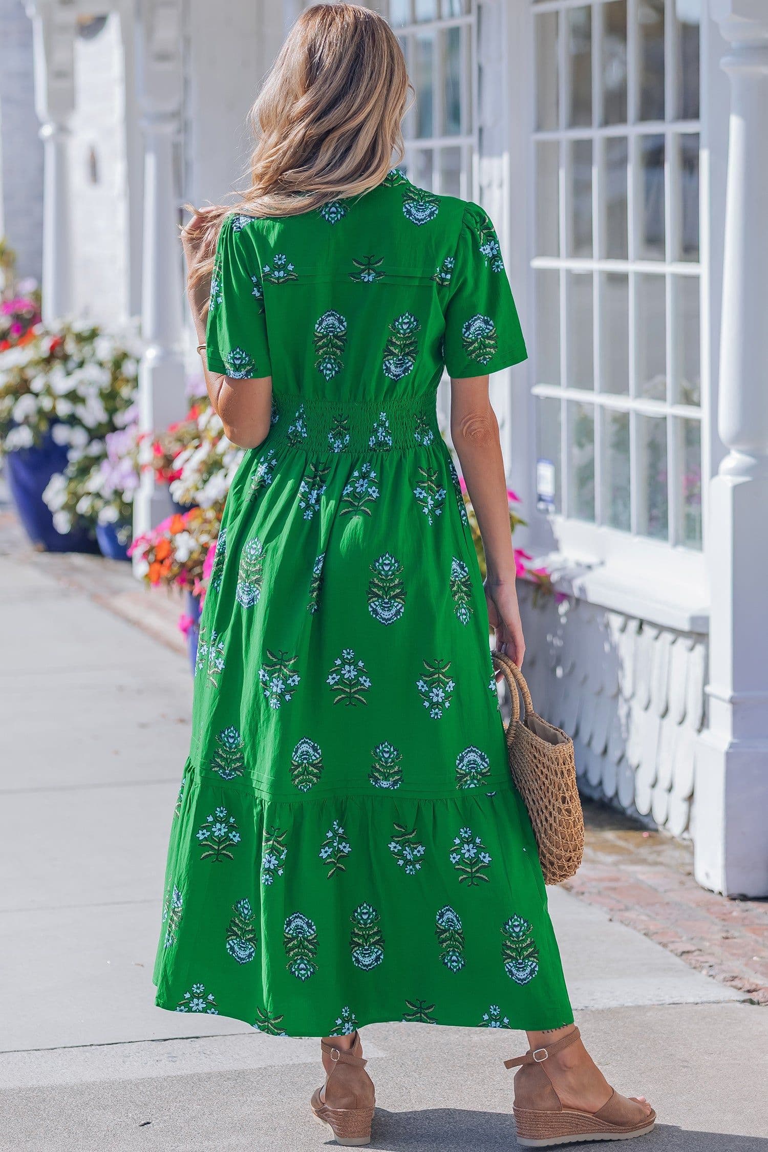 image-Floral Print Maxi Dress - Split Neck, Shirred Waist, Ruffle Hem - 60" Long