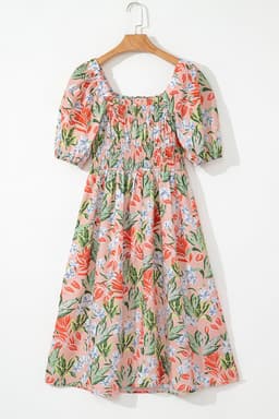 image-Apricot Pink Floral Smocked Bust Bubble Short Sleeve Maxi Dress