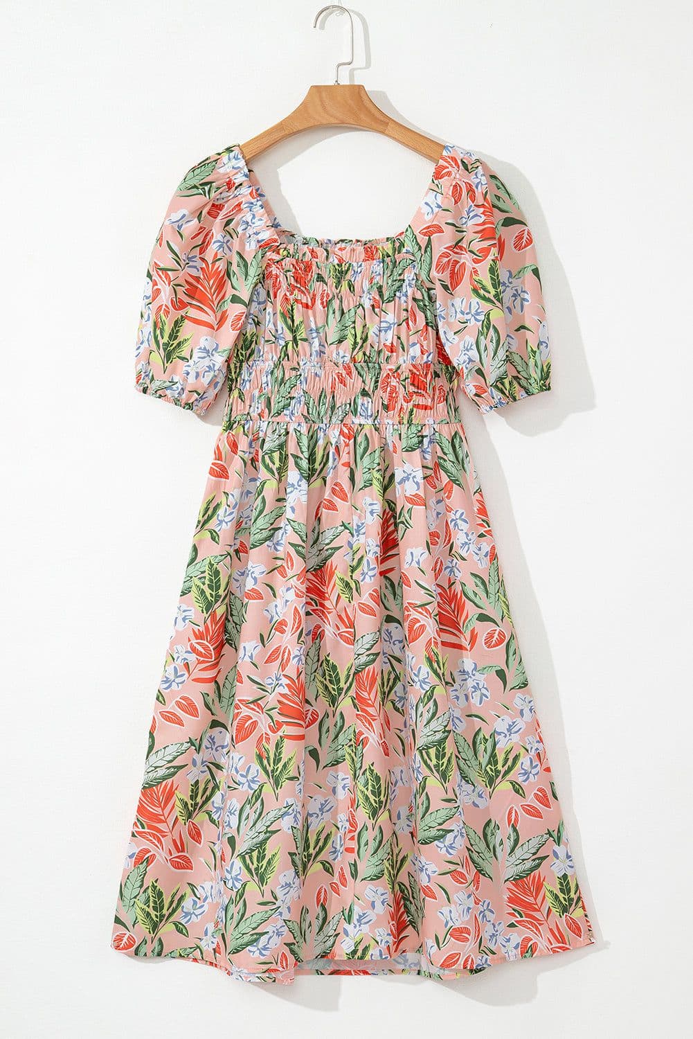 image-Apricot Pink Floral Smocked Bust Bubble Short Sleeve Maxi Dress