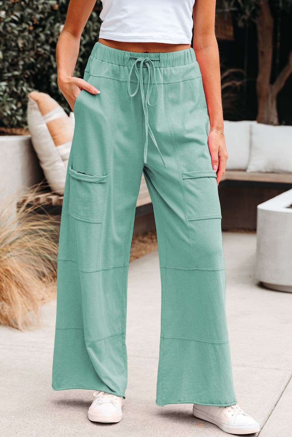 image-Smoke Gray Mineral Wash Exposed Seam Drawstring Elastic Waistband Wide Leg Cargo Pants