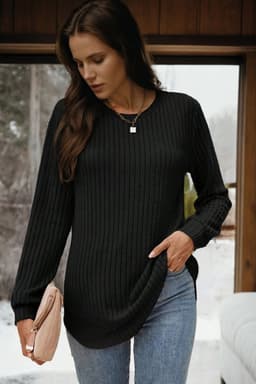 image-White Ribbed Knit Top - Long Sleeve Round Neck