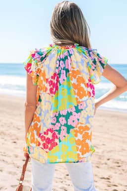 image-Leopard Flutter Sleeve V Neck Crinkled Blouse - Multicolour