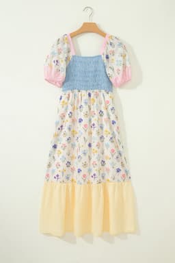 image-Floral Patchwork Long Dress - Square Neck Smocked Bodice