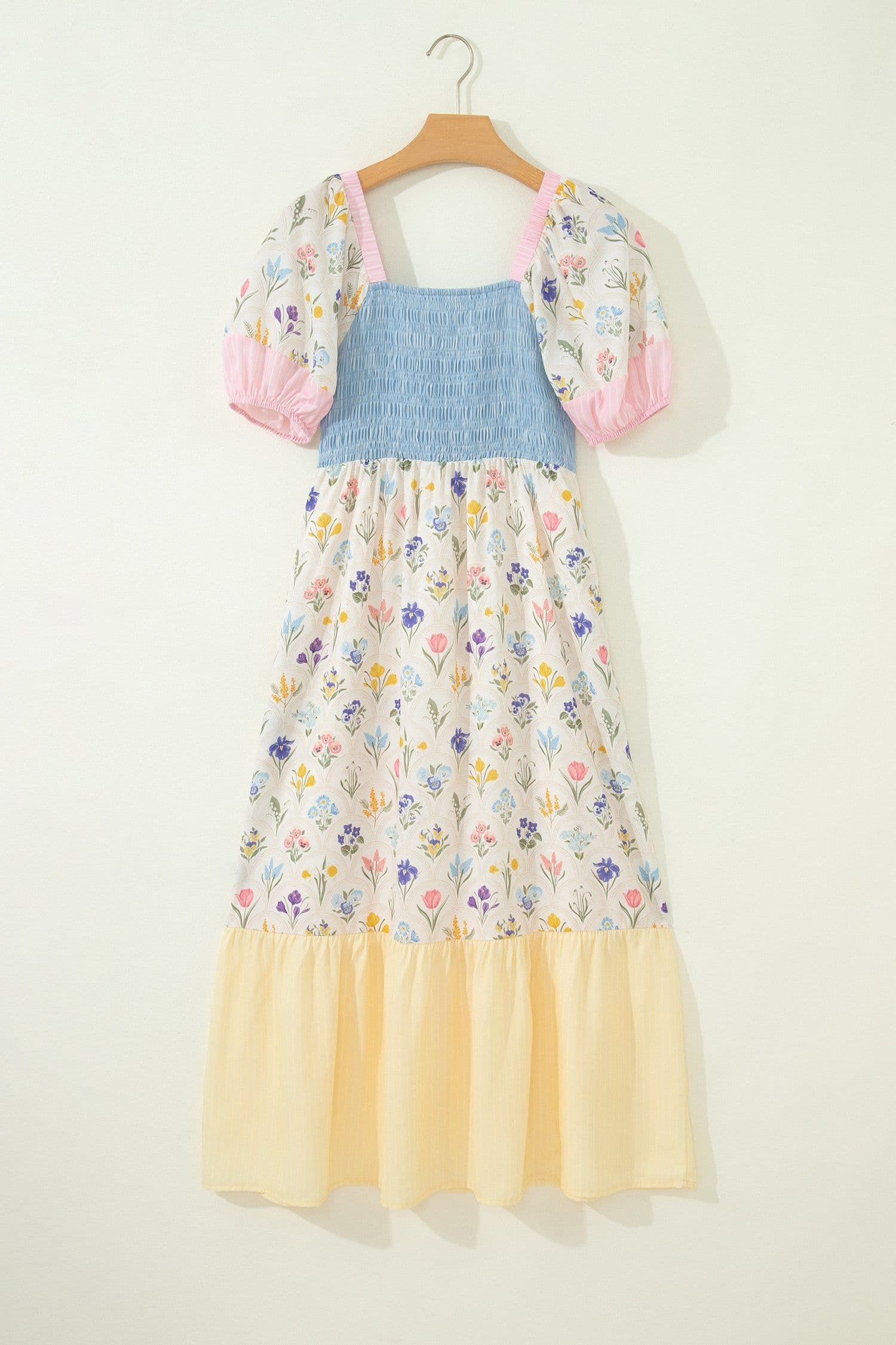image-Floral Patchwork Long Dress - Square Neck Smocked Bodice