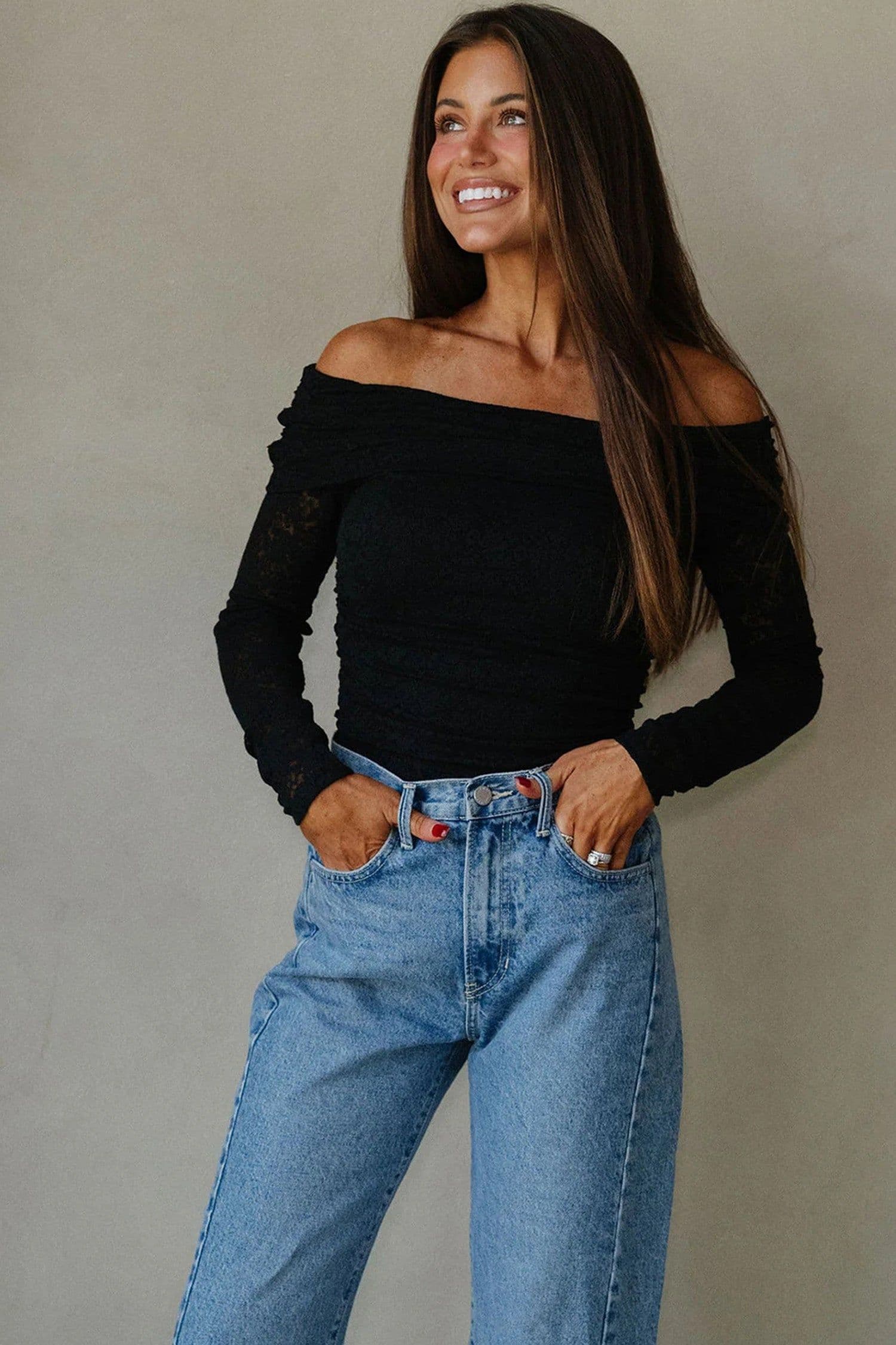 image-Black Floral Lace Off-shoulder Long Sleeve Slim Top