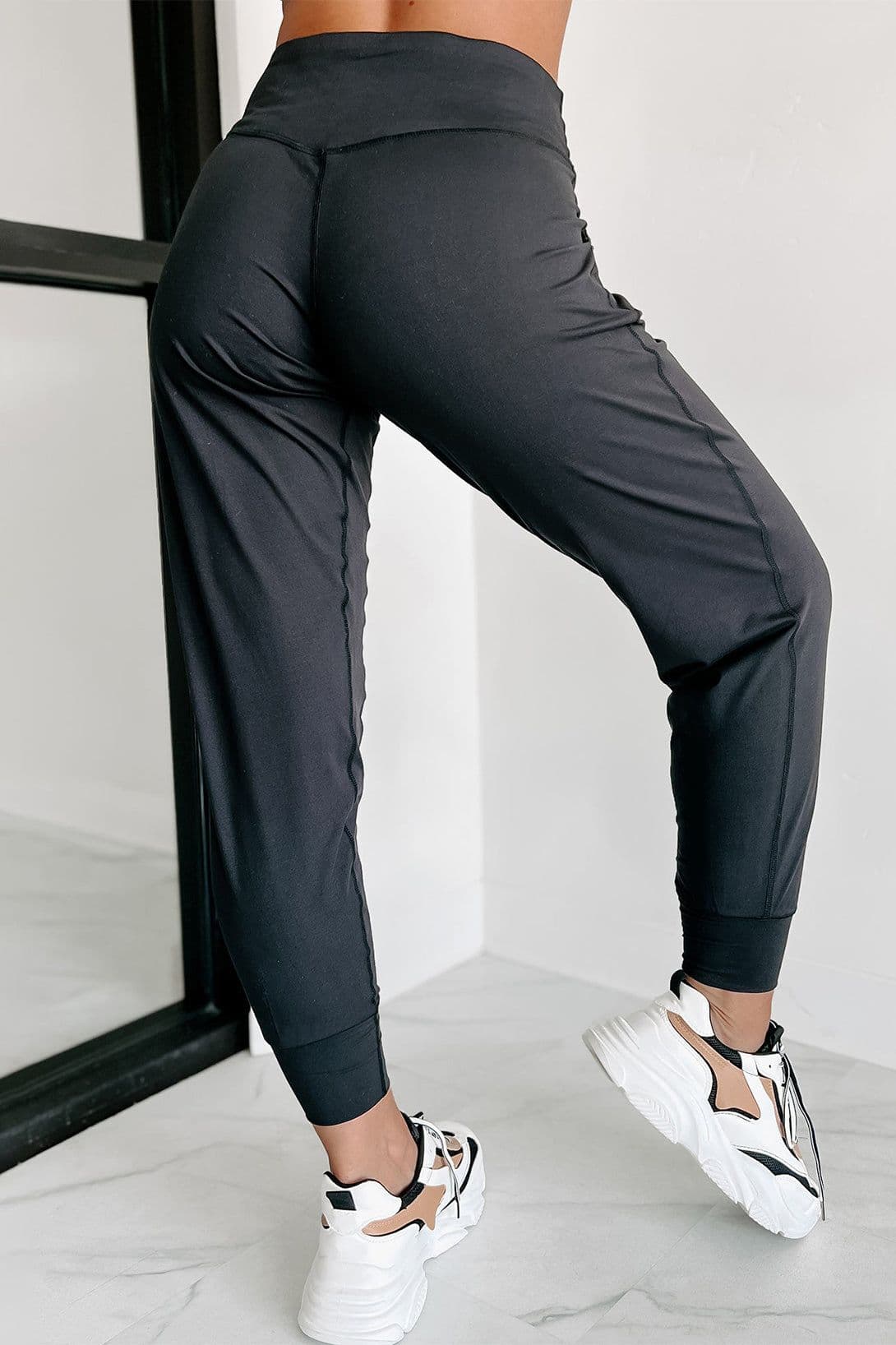 image-Black High Waist Joggers with Exposed Seam & Pockets