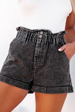 image-Vintage Washed Frilled High Waist Denim Shorts - Black (60 chars)