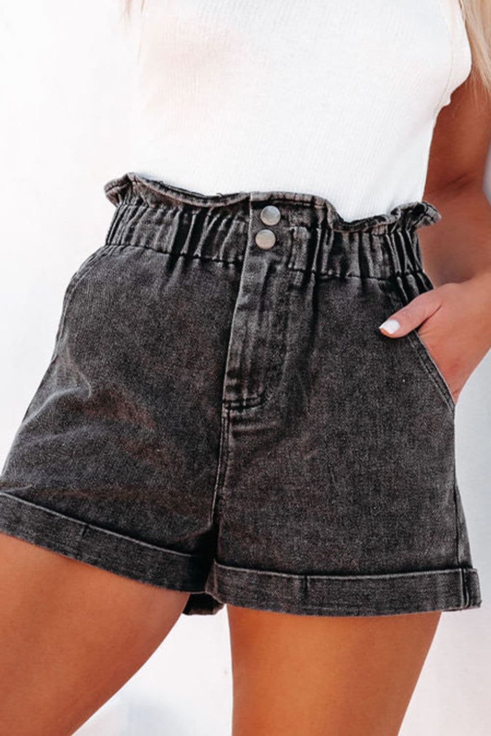 image-Vintage Washed Frilled High Waist Denim Shorts - Black (60 chars)