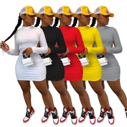 image-W8109 Amazon AliExpress 2020 pure color high stretch long sleeve sexy backless nightclub style dress
