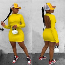 image-W8109 Amazon AliExpress 2020 pure color high stretch long sleeve sexy backless nightclub style dress
