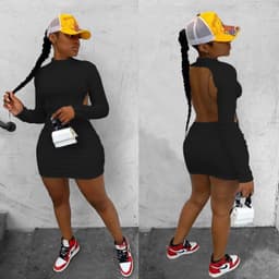 image-W8109 Amazon AliExpress 2020 pure color high stretch long sleeve sexy backless nightclub style dress