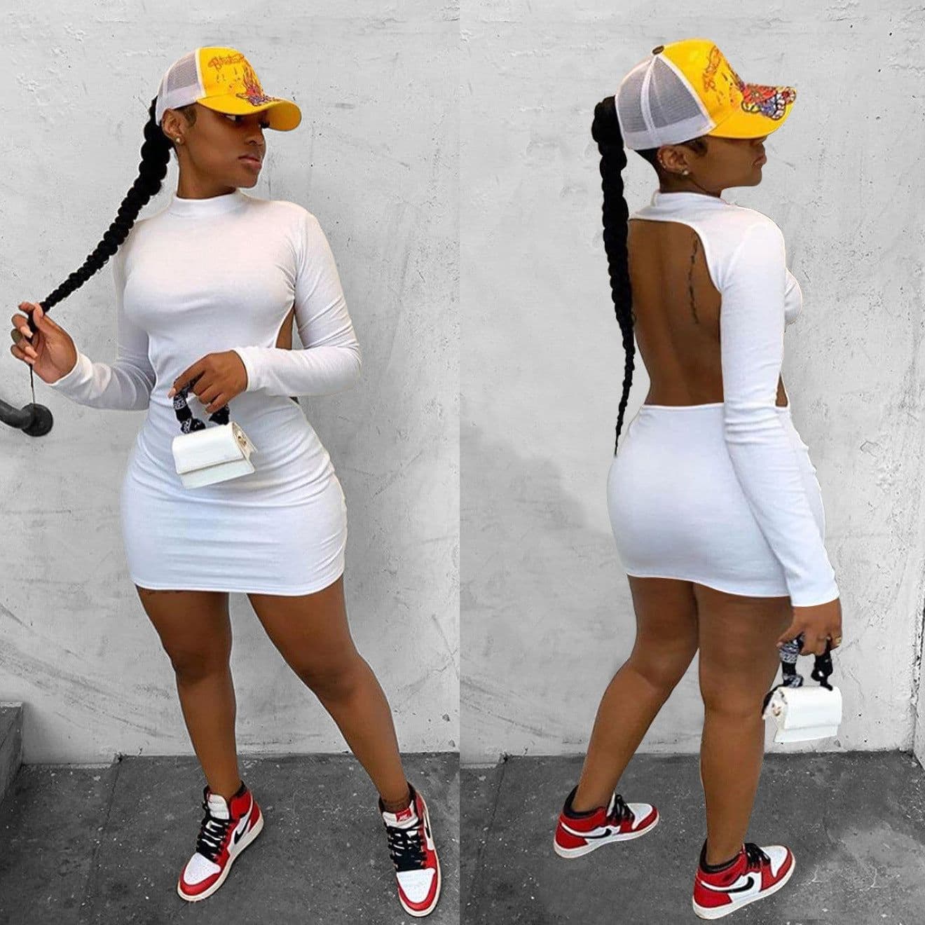 image-W8109 Amazon AliExpress 2020 pure color high stretch long sleeve sexy backless nightclub style dress
