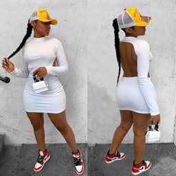image-W8109 Amazon AliExpress 2020 pure color high stretch long sleeve sexy backless nightclub style dress