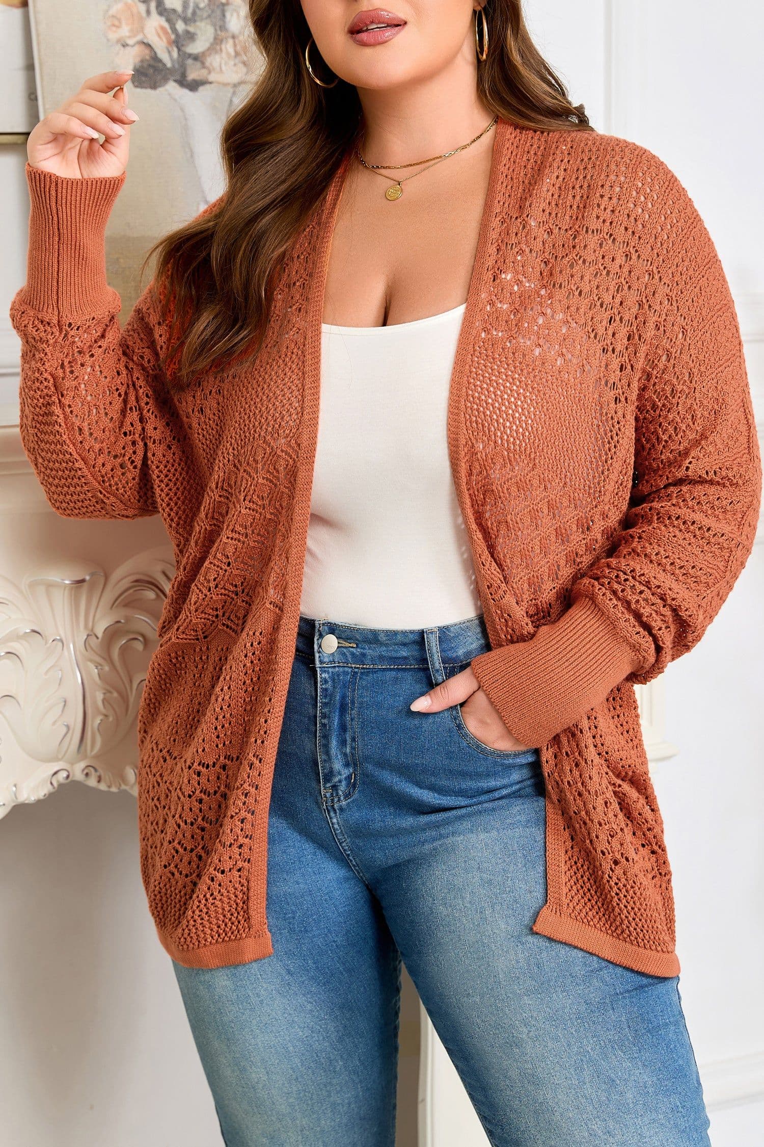 image-Redwood Plus Cardigan - Mixed Pattern Knitted - Open Front - Plus Size