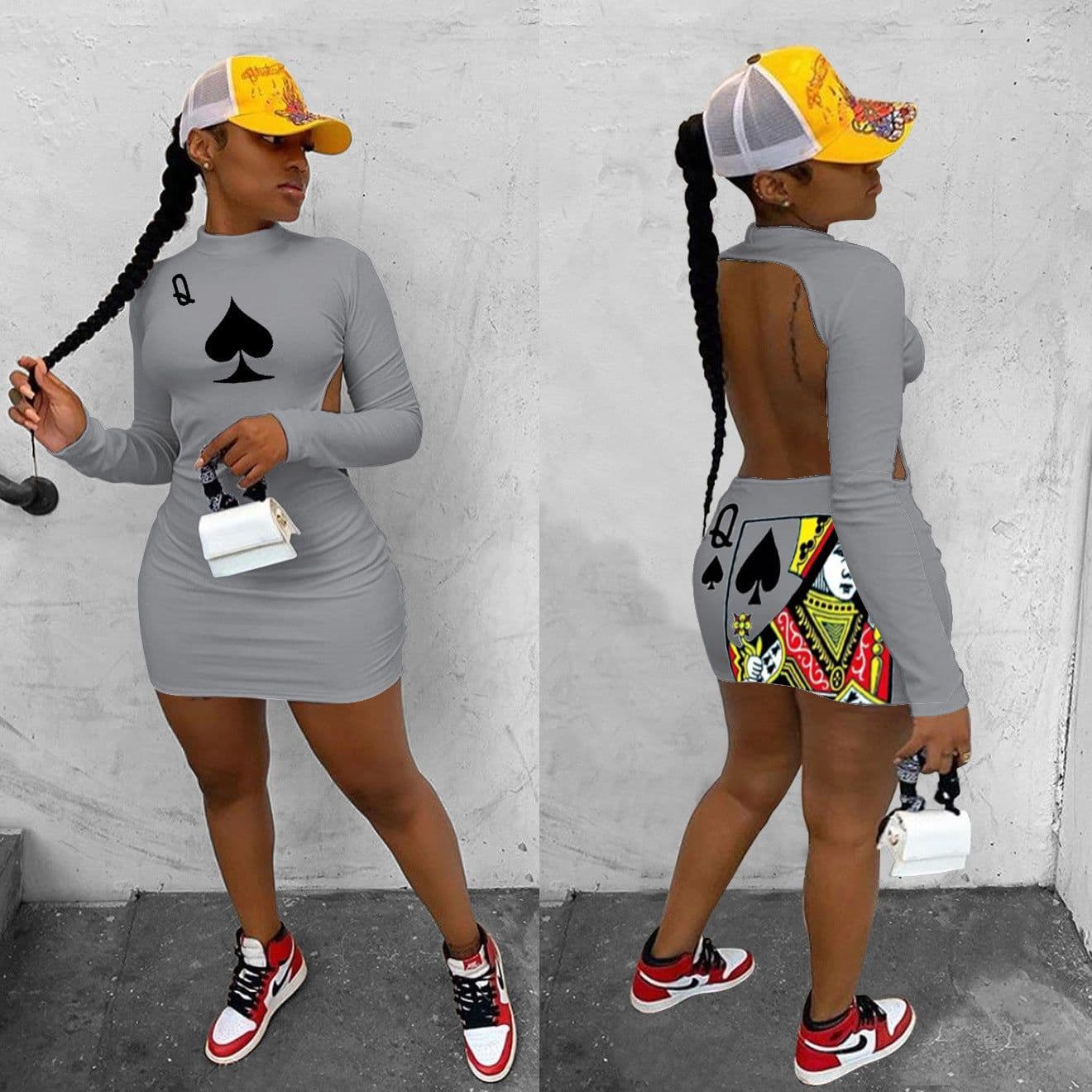 image-W8113 Independent Station Amazon Q Poker Spades Elements Long Sleeve Halter Sexy Nightclub Style Dress
