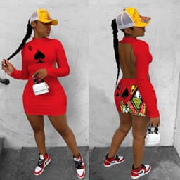 image-W8113 Independent Station Amazon Q Poker Spades Elements Long Sleeve Halter Sexy Nightclub Style Dress