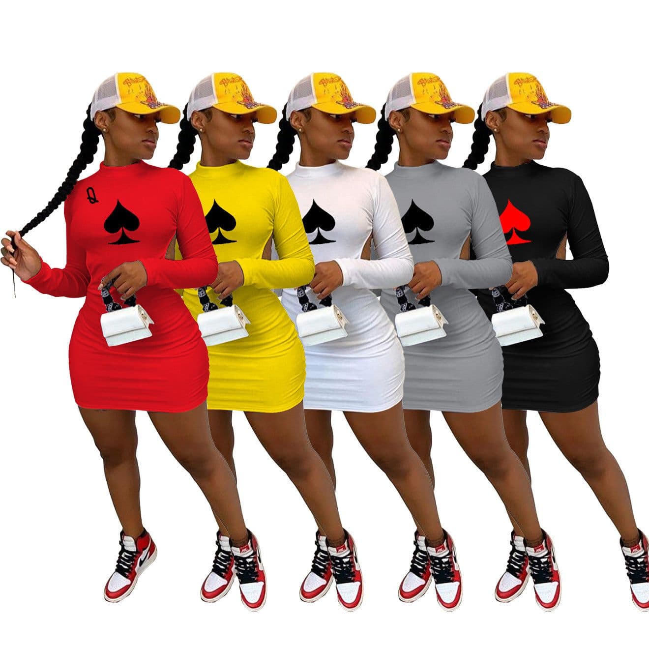 image-W8113 Independent Station Amazon Q Poker Spades Elements Long Sleeve Halter Sexy Nightclub Style Dress