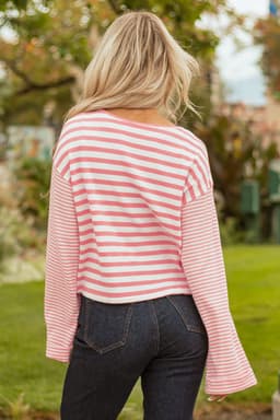 image-Pink Stripe Textured Contrast Drop Shoulder Top