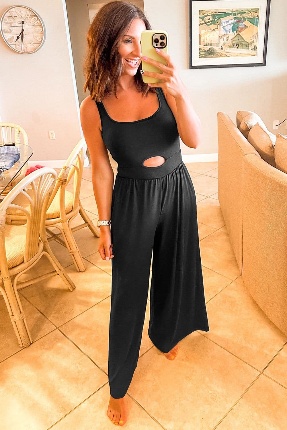 image-Black Peekaboo Wide Leg Square Neck Sleeveless Jumpsuit