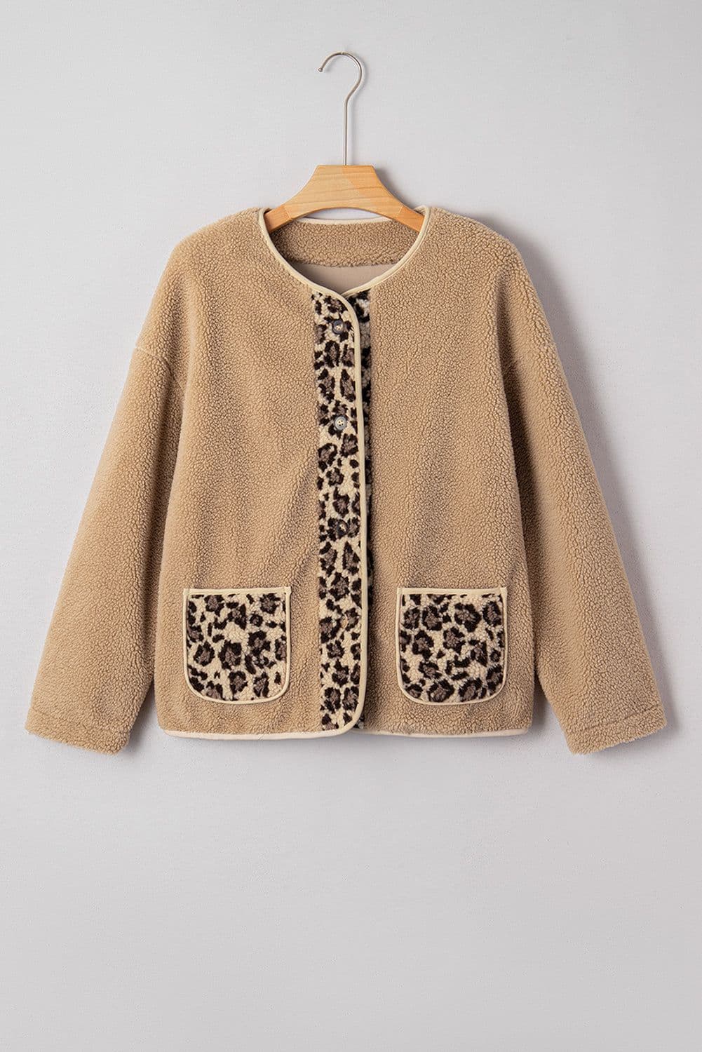 image-Casual Leopard Print Accent Plush Jacket with Pockets