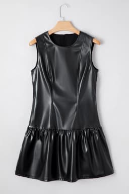 image-Black Faux Leather Ruffle Hem Sleeveless Mini Dress