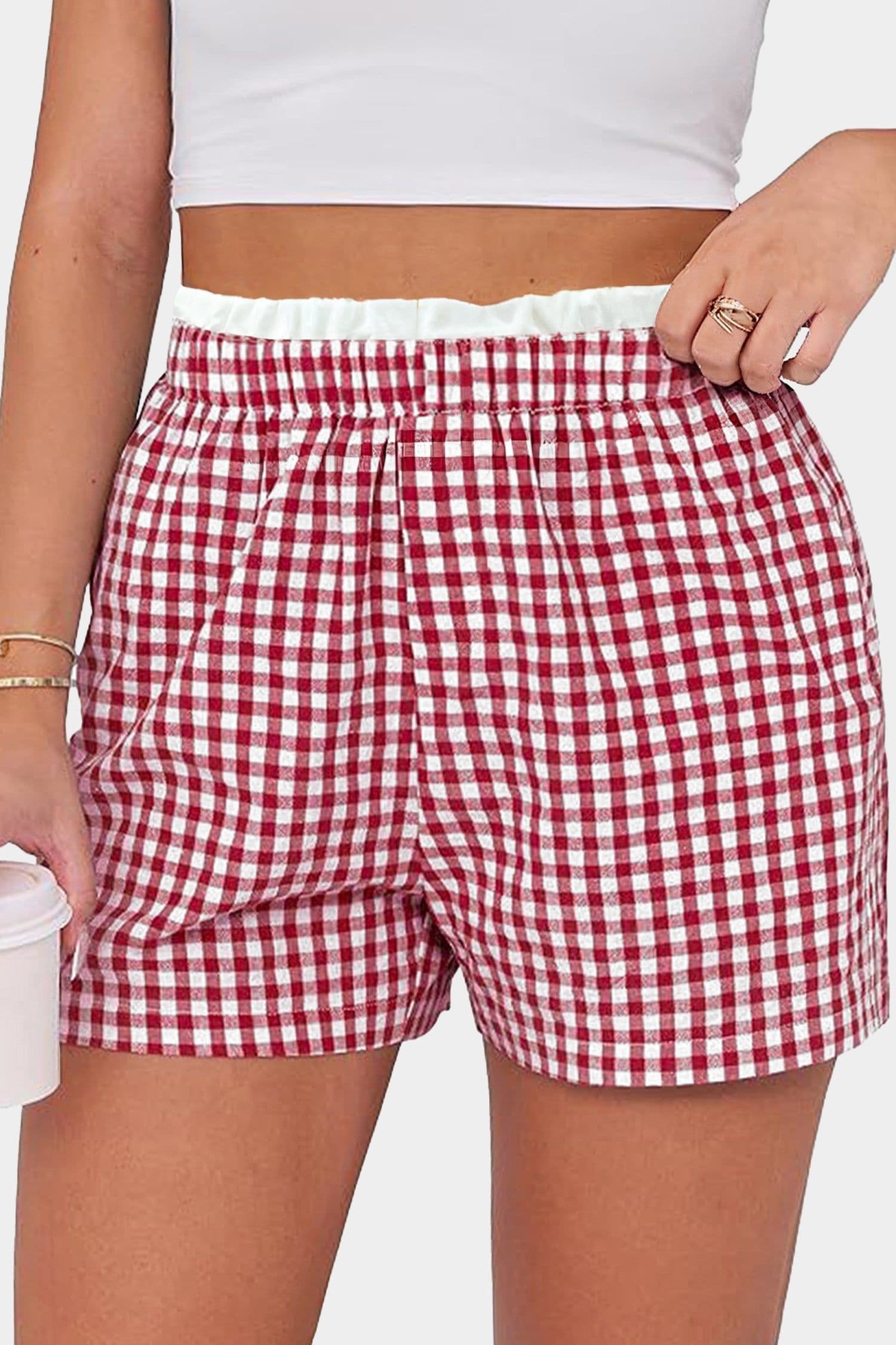 image-Red Contrast Trim Plaid Print Plus Size Shorts