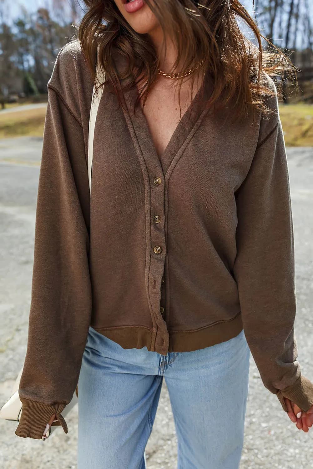 image-Coffee Button Front V Neck Casual Cardigan