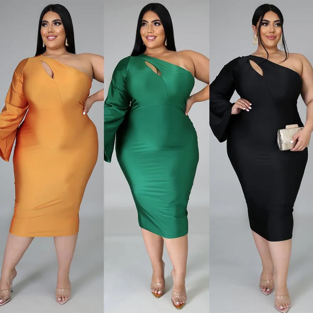 image-VK2036 European and American cross-border Amazon eBay women's oblique shoulder long and short sleeve slim strappy dress