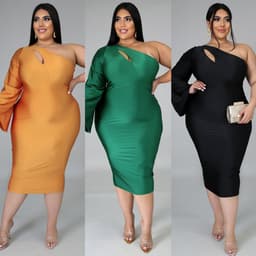 image-VK2036 European and American cross-border Amazon eBay women's oblique shoulder long and short sleeve slim strappy dress