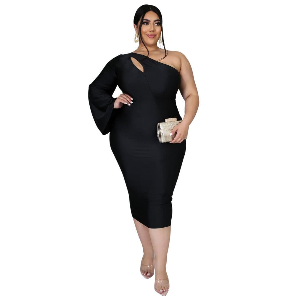 image-VK2036 European and American cross-border Amazon eBay women's oblique shoulder long and short sleeve slim strappy dress