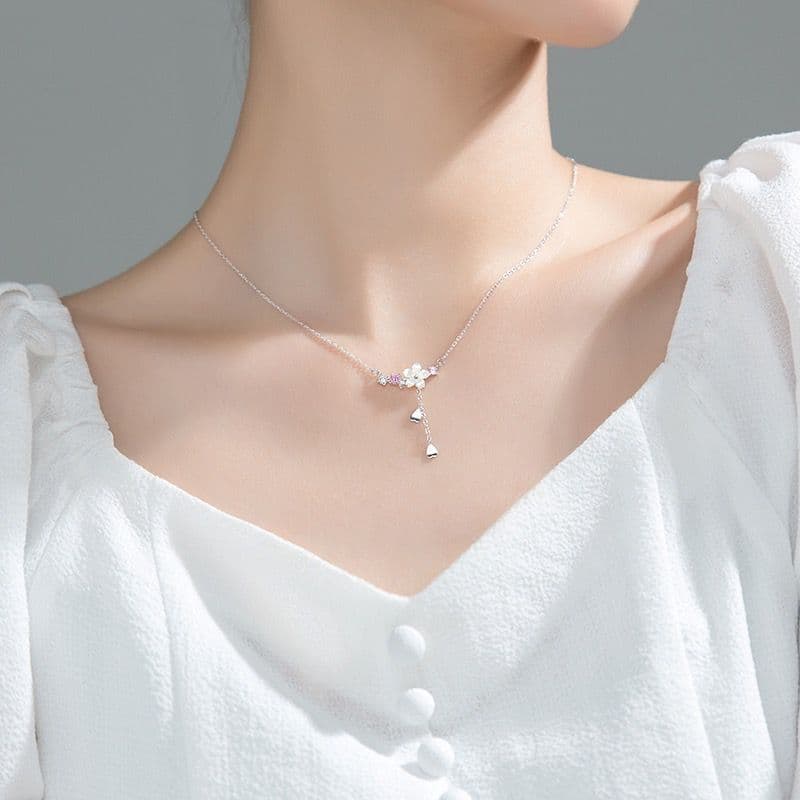 image-S925 Silver Korean Light Luxury Temperament Shell Flower Necklace Female Love Flower Tassel Diamond Clavicle Chain